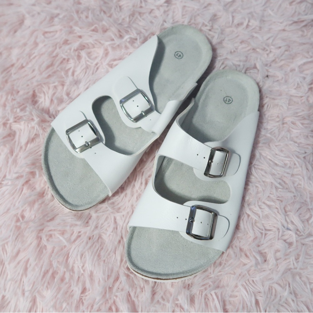 white buckle sandals
